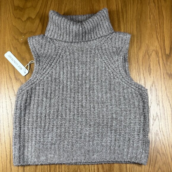 NWT Self Contrast Taupe Ribbed Turtleneck Knit Sweater Vest – Women’s Small - Picture 5 of 7